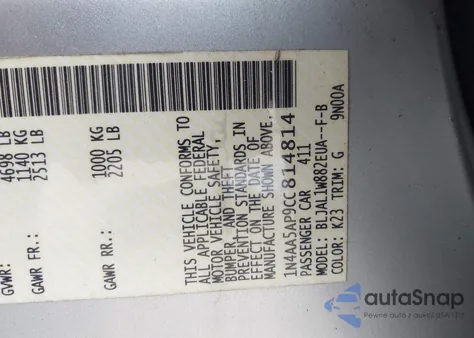 2012 Nissan Maxima 3.5 Sv from USA, damaged, VIN 1N4AA5AP9CC814814